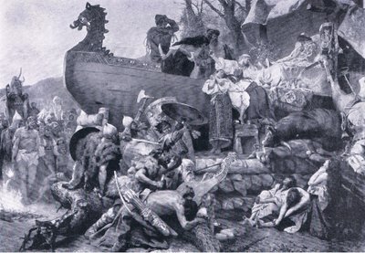 Kremasjon av en høvding i det østlige Russland på det tiende århundre, illustrasjon fra Landmarks in European History utgitt av Gresham Publishing Co, ca. 1920 (litho) av Henryk Siemiradzki