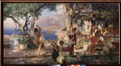 Sabeldans. (En naken kvinne danser mellom sverd balansert på terrassen til en italiensk villa, til lyden av en lyre og en fløyte). Maleri av Henryk Siemiradzki (1843-1902), olje på lerret av Henryk Siemiradzki