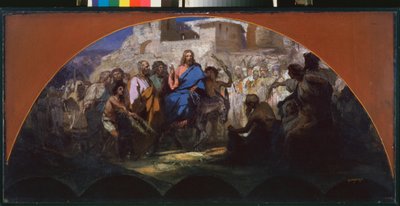 Kristi inntog i Jerusalem. (rider på et esel, omgitt av folkemengden som vinker og legger grener på vei). Verk av Henryk Siemiradzki (1843-1902), olje på papp av Henryk Siemiradzki