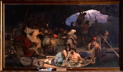 Korsarene. (Scene der de bringer tilbake tyvegodset og fangene (gisler) i en hule). Maleri av Henryk Siemiradzki (1843-1902), olje på lerret av Henryk Siemiradzki