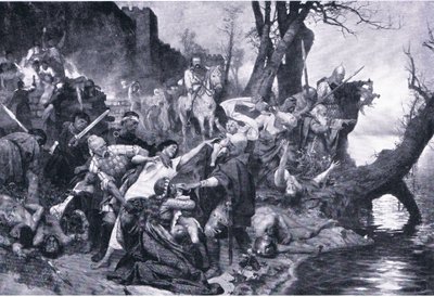 Warriors of Sviatoslav ved massakren under veggene til Dexter (Durostorum), illustrasjon fra Landmarks in European History utgitt av Gresham Publishing Co, ca. 1920 (litho) av Henryk Siemiradzki