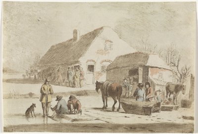 Skøyteløpere og slede på en gård av Hendrik Spilman