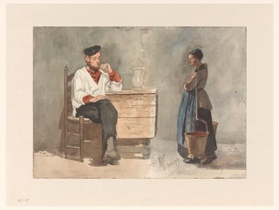 Røykende sjømann, kvinne med åk og melkespann av Hendrik Valkenburg
