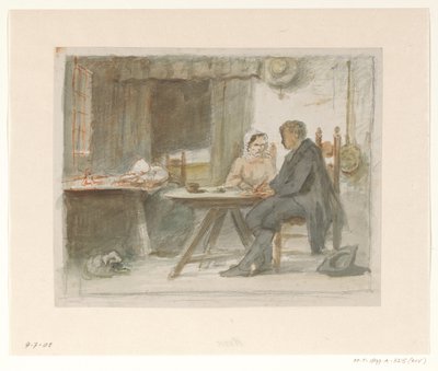 Skrivende mann og kvinne ved et bord av Hendrik Valkenburg