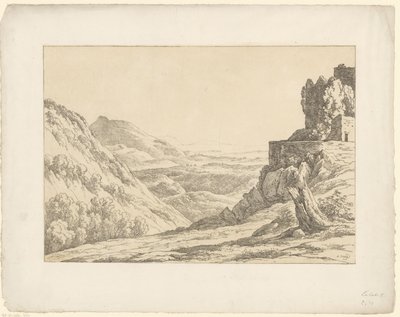 Ruin med utsikt Tentamina Lithographica (serietittel) Italienske landskap (serietittel) av Hendrik Voogd