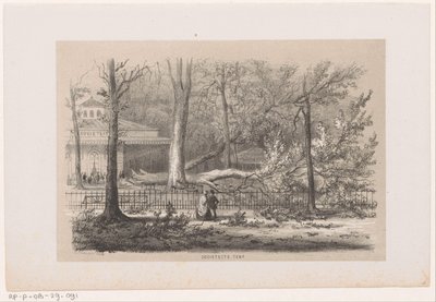Tre blåst ned ved klubben, etter stormen 28. mai 1860 Sosialtelt (tittel på objekt) Album med ti litografiske skisser, som viser Tooneelen of the Destruction, agitert av stormen 28. mai 1860 i 