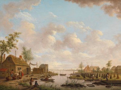Landskap med fiskere og bønder som trekker ut torv i en myr Landskap med fiskere og torvskjærende bønder i lavmyra av Hendrik Willem Schweickhardt