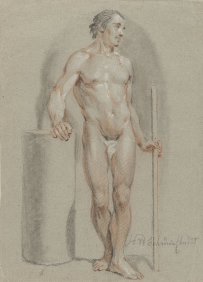 Stående mannlig naken, med en pinne i hånden, lent på en studiosylinder av Hendrik Willem Schweickhardt