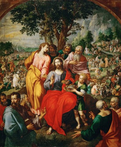 The Miracle of the Five Loaves and Two Fishes (The Multiplication of the Loaves) - The Miracle of the Five Loaves and Two Fishes, av Clerck, Hendrick, de (ca. 1560-1630). Olje på lerret, ca 1590. Størrelse: 203x167 cm. Kunsthistorisk museum, Wien av Hendrik de Clerck