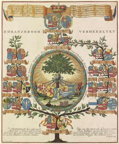 Familietre til House of Orange-Nassau d'Oranjeboom verheerlykt (tittel på objekt) av Hendrik de Leth