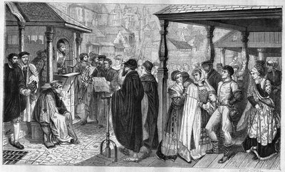 Publiseringen av Karl Vs redigeringer i Antwerpen: i 1550 fastsetter en lov at alle som er overbevist om kjetteri vil bli brulee eller begravet levende, eller halshugget. Gravering fra 1866-1867 basert på maleriet til Baron Henri Leys (1815-1869). av Hendrik or Henri Leys