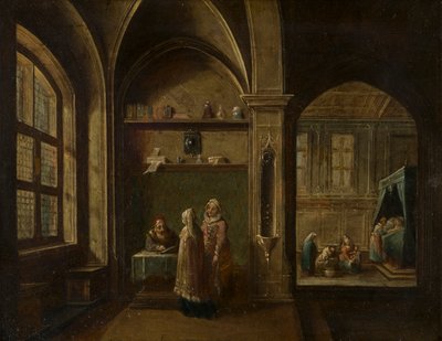 Et renessanseinteriør med figurer: The Birth of St John, ca. 1600-49 (olje på kobber) av Hendrik the Younger Steenwyck