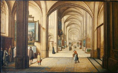 Kirkeinteriør med en sakristan som viser et maleri til besøkende, 1608 (olje på kort) av Hendrik the Younger Steenwyck