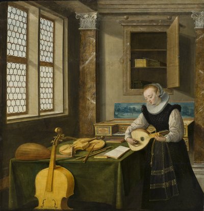 Dame jouant du luth - Lady Playing the Lute, av Steenwyck, Hendrick van, the Younger (1580-1649). Olje på tre. Mål: 65x64 cm. Nationalmuseum Stockholm av Hendrik van (c.1580 1649) Steenwyk
