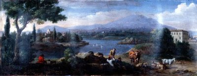 Italiensk landskap, med kuherder som hviler av Hendrik van (studio of) Lint