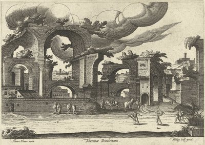 Ruiner av Diocletians bad fra siden med to menn som spiller krokket i forgrunnen, 1585. av Hendrik van Cleve III