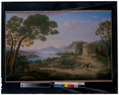 Et omfattende klassisk landskap med figurer som sitter foran en Tempietto av Hendrik van Lint