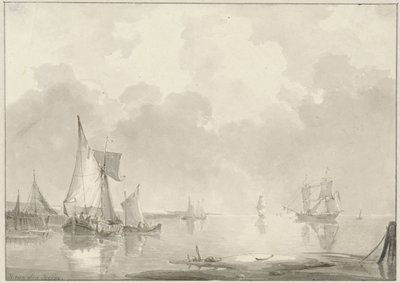 Utsikt over kysten med skip i stille vann av Hendrik van den Helm