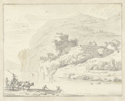 Italiensk fjelllandskap med gjetere og storfe, og to figurer i en båt som krysser elven av Hendrik van der Straaten (attributed to)