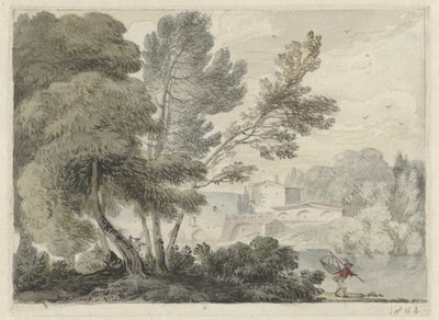 Elvelandskap med en mann med et landingsnett i forgrunnen av Hendrik van der Straaten (possibly)