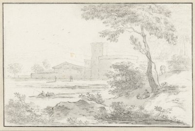 Italiensk landskap med befestet bygning i bakgrunnen av Hendrik van der Straaten