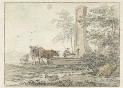 Italiensk landskap med gjeter og hans storfe og sauer ved en fontene av Hendrik van der Straaten
