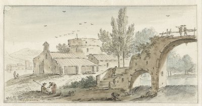 Italiensk landskap med en steinbro av Hendrik van der Straaten