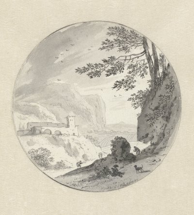 Italiensk fjelllandskap med et kloster over en dal av Hendrik van der Straaten