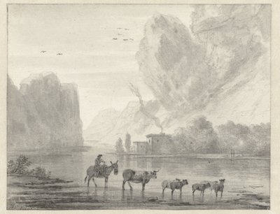 Rocky River-landskap med en gjeter med storfe og sauer av Hendrik van der Straaten