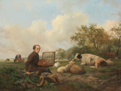 Kunstneren som maler en ku i en eng av Hendrikus van de Sande Bakhuyzen (signed by artist)