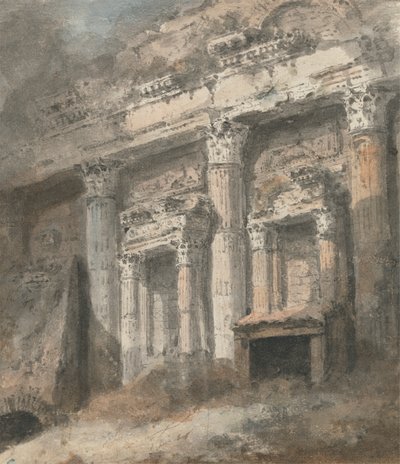 Fasade av ødelagt (?) romersk tempel, med søyler og døråpning av Heneage Finch fourth Earl of Aylesford