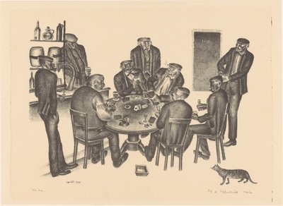Menn spiller kort i en bar av Henk Henriët (signed by artist)