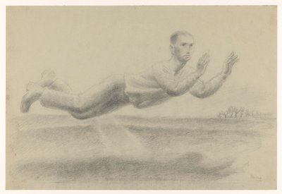 Selvportrett med løftede hender svevende i et landskap av Henk Henriët (signed by artist)