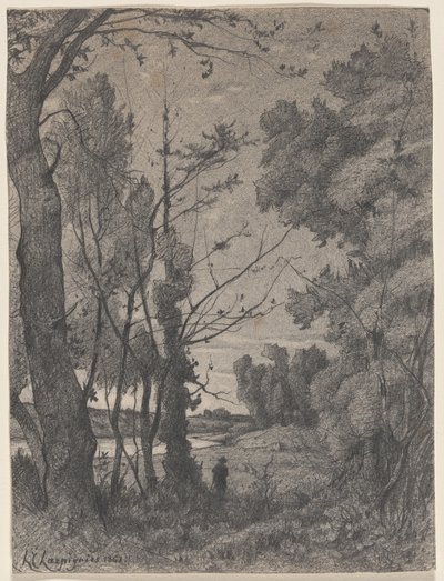 Skogkledd landskap ved en elv av Henri-Joseph Harpignies