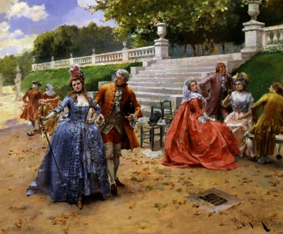 En ettermiddagstur. Promenade om ettermiddagen. Samtale og unge mennesker som diskuterer. Maleri av Henri-Victor Lesur (Henri Victor Lesur av Henri-Victor Lesur