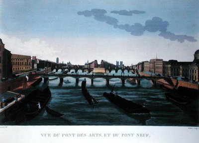 Pont des Arts og Pont Neuf, ca. 1815-20 (fargegravering) av Henri (after) Courvoisier Voisin