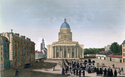 Begravelsesprosesjon utenfor Pantheon, ca. 1815-20 (fargegravering) av Henri (after) Courvoisier Voisin