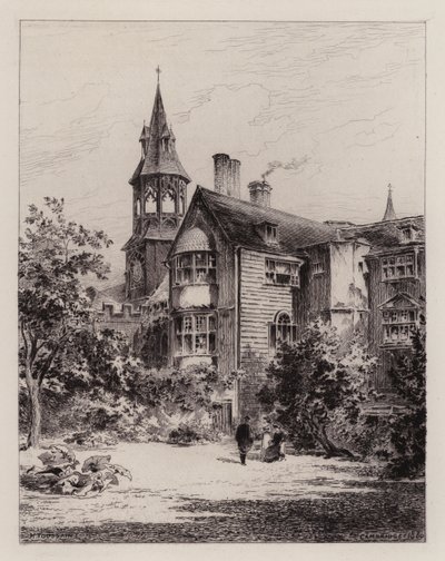 Cambridge: The Lodge of Queens' College (etsing) av Henri (after) Toussaint