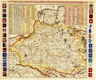 Kart over Polen inkluderer deler av Livonia og Storhertugdømmet Moskva par Chatelain, Henri Abraham (1684-1743). Etsning, akvarell av Henri Abraham Chatelain