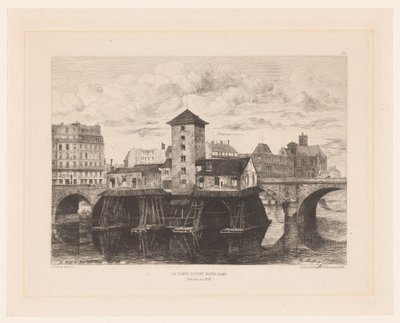 Gezicht op de Pont Notre-Dame Pumpen til Pont Notre-Dame (tittel på objekt) L'Eau Forte i 1875 (serietittel) av Henri Alexandre Saffrey