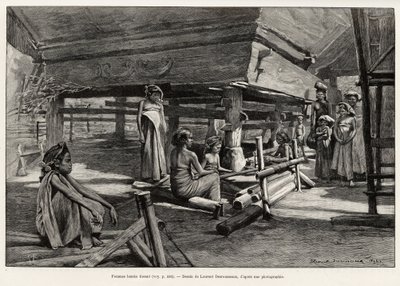 Batak-kvinner, Nord-Sumatra etnisk gruppe, veving. Gravering av Laurent Desrousseaux for å illustrere historien "" ett år i Malaysia", av Jules Claine (1856-1939), i 1889-1890, i Le tour du Monde 1892, regissert av Edouard Charton (1807-1891), Hachette, Pa av Henri Alphonse Louis Laurent Desrousseaux