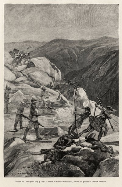 Oua-Elgedjo angrep. Gravering av Laurent Desrousseaux for å illustrere historien "" Au secours d