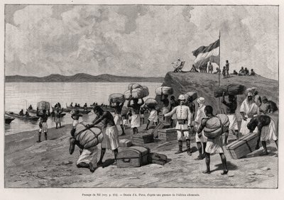 Passering av Nilen. Gravering av A.Paris for å illustrere historien "" Au secours d