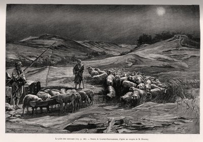 Traileren godt. Gravering av Laurent Desrousseaux for å illustrere historien «A travers la Perse meridionale», av C.Babin og F.Houssay, i 1885, i Le tour du Monde 1892, regissert av Edouard Charton (1807-1891), Hachette, Paris. av Henri Alphonse Louis Laurent Desrousseaux