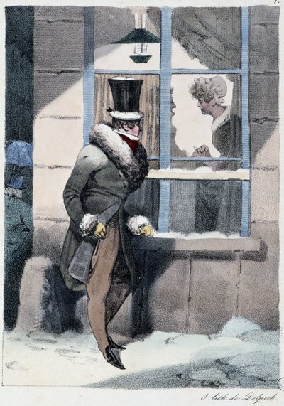Nysgjerrig mann som ser ut av vinduet inne i et hus: "" Alle tar gleden der han finner ham"" - i "" Les pastemps"" av Henri Monnier, red. Delpech, Paris av Henri Bonaventure Monnier