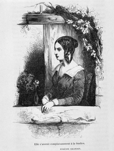 Eugénie Grandet ved vinduet hennes - i "" Eugénie Grandet"" av Balzac, ill. Henri Monnier, originalutgaven av 1843 av Henri Bonaventure Monnier