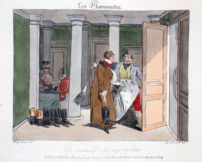 En stakkars djevel betaler for støvler, illustrasjon fra 'Les Marionnettes' av Henri Monnier, litografiert av Delpech, pub. Paris, ca. 1828 (håndfarget litho) av Henri Bonaventure Monnier