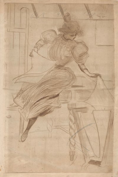 Kvinne ser på bilder i et printstativ av Henri Boutet (possibly)
