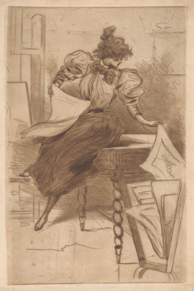 Kvinne ser på bilder i et printstativ av Henri Boutet (possibly)