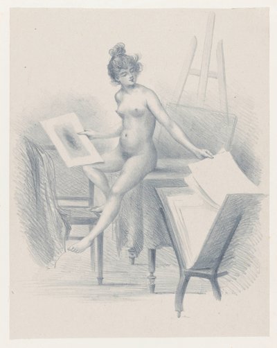 Nakenmodell ser på bilder av Henri Boutet
